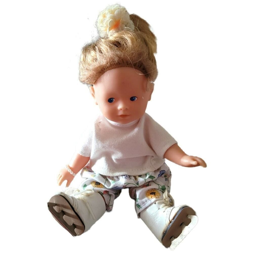 Vintage Corolle SA Poupee Ice Skating Toddler Doll 8" Floral Pant Blue Eyes